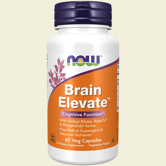 Supplement bottle labeled 'Brain Elevate' by NOW on a white background