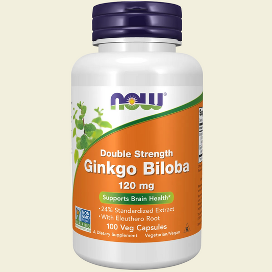Supplement bottle of Double Strength Ginkgo Biloba 120 mg with NOW brand on a white background