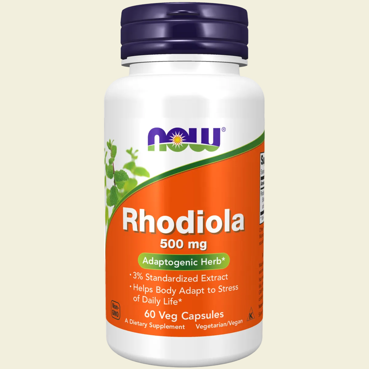Supplement bottle labeled 'Rhodiola' with Now Foods branding on a white background