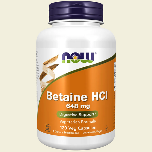 Supplement bottle labeled 'Betaine HCl' with Now brand on a white background