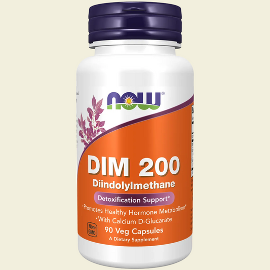 Supplement bottle labeled 'DIM 200 Diindolylmethane' with Now brand on a white background