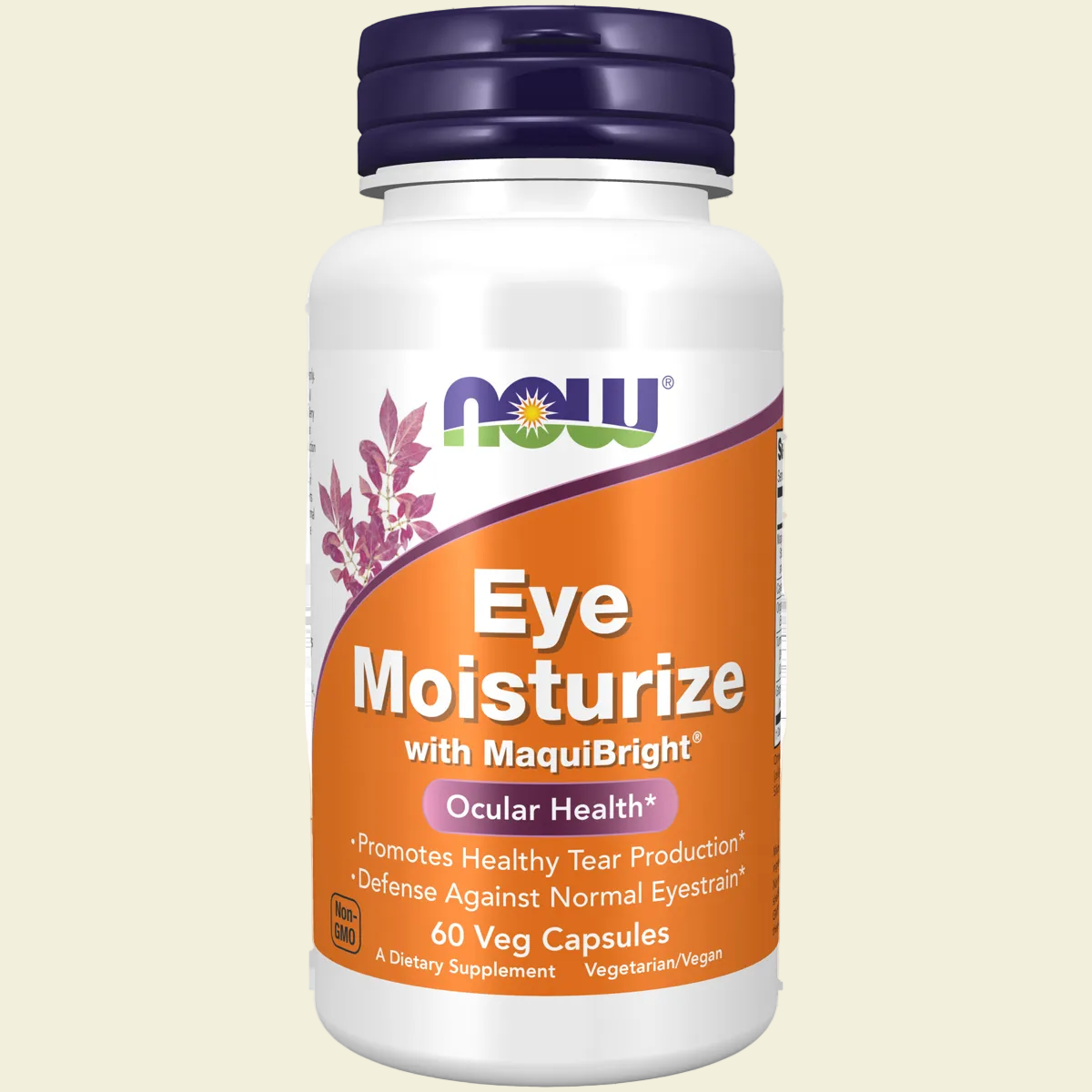 Supplement bottle labeled 'Eye Moisturize with MaquiBright' by NOW on a white background