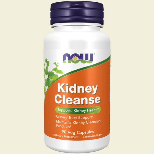 Supplement bottle labeled 'Kidney Cleanse' with Now Foods logo on a white background