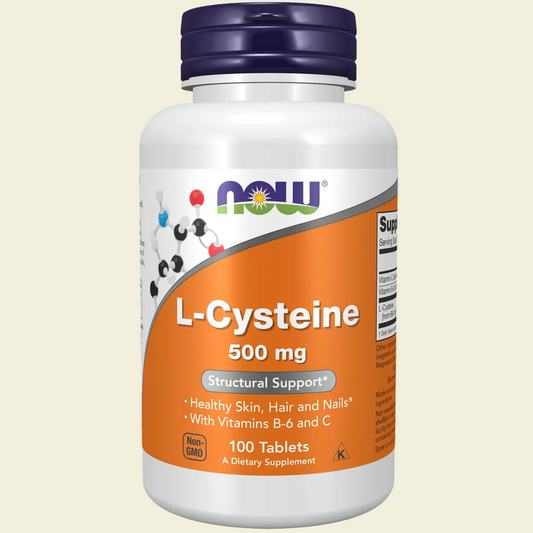 Supplement bottle labeled 'L-Cysteine 500 mg' with Now brand on a white background