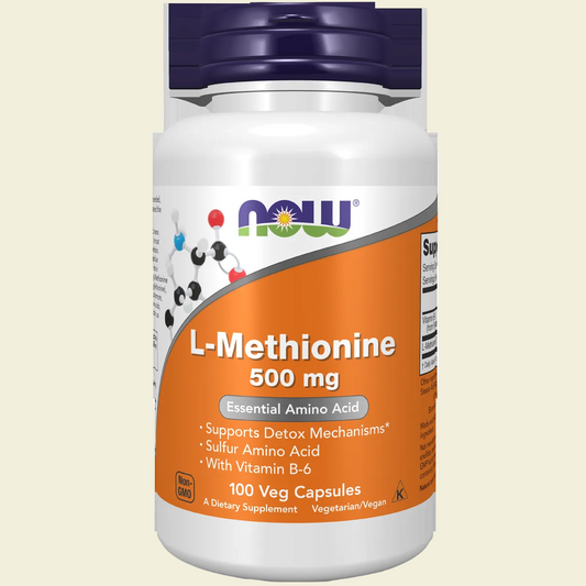 Supplement bottle labeled 'L-Methionine 500 mg' by NOW on a white background