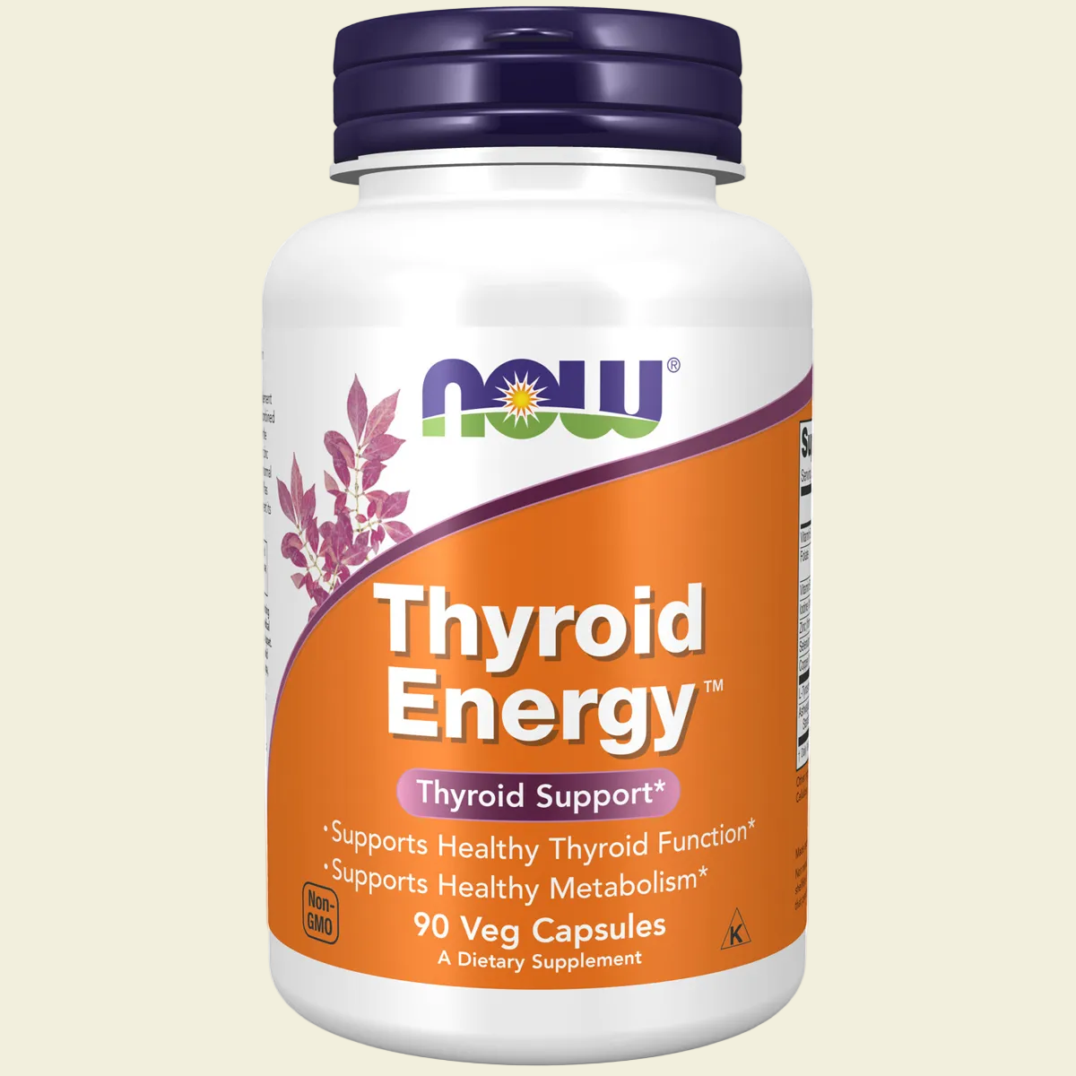 Supplement bottle labeled 'Thyroid Energy' by NOW on a white background